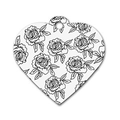 Line Art Black And White Rose Dog Tag Heart (two Sides)