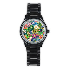 Colorful Floral Pattern Stainless Steel Round Watch by designsbymallika