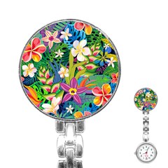 Colorful Floral Pattern Stainless Steel Nurses Watch by designsbymallika