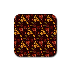 Yellow Green Orange Leaf Pattern Rubber Coaster (square)  by designsbymallika