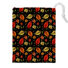 Golden Orange Leaves Drawstring Pouch (5xl) by designsbymallika