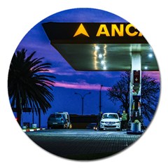 Night Scene Gas Station Building, Montevideo, Uruguay Magnet 5  (Round)