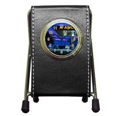 Night Scene Gas Station Building, Montevideo, Uruguay Pen Holder Desk Clock by dflcprintsclothing