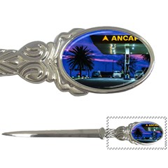 Night Scene Gas Station Building, Montevideo, Uruguay Letter Opener by dflcprintsclothing