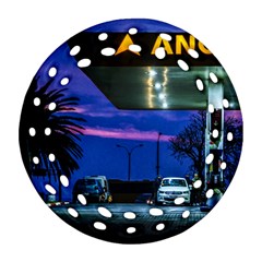 Night Scene Gas Station Building, Montevideo, Uruguay Round Filigree Ornament (two Sides) by dflcprintsclothing