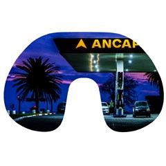 Night Scene Gas Station Building, Montevideo, Uruguay Travel Neck Pillow by dflcprintsclothing