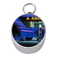 Night Scene Gas Station Building, Montevideo, Uruguay Mini Silver Compasses by dflcprintsclothing