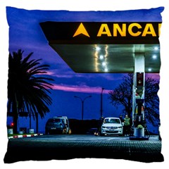 Night Scene Gas Station Building, Montevideo, Uruguay Large Flano Cushion Case (one Side) by dflcprintsclothing