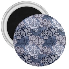 Art Deco Blue And Grey Lotus Flower Leaves Floral Japanese Hand Drawn Lily 3  Magnets