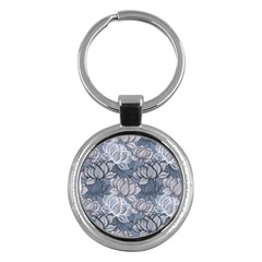 Art Deco Blue And Grey Lotus Flower Leaves Floral Japanese Hand Drawn Lily Key Chain (round)