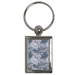 Art Deco Blue And Grey Lotus Flower Leaves Floral Japanese Hand Drawn Lily Key Chain (rectangle) by DigitalArsiart
