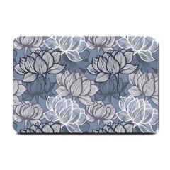 Art Deco Blue And Grey Lotus Flower Leaves Floral Japanese Hand Drawn Lily Small Doormat  by DigitalArsiart