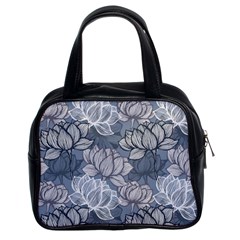 Art Deco Blue And Grey Lotus Flower Leaves Floral Japanese Hand Drawn Lily Classic Handbag (two Sides) by DigitalArsiart