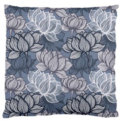 Art Deco Blue And Grey Lotus Flower Leaves Floral Japanese Hand Drawn Lily Large Cushion Case (one Side) by DigitalArsiart