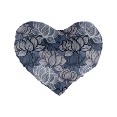 Art deco Blue and grey lotus Flower Leaves Floral Japanese hand drawn lily Standard 16  Premium Heart Shape Cushions