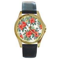 Red Flowers Round Gold Metal Watch by goljakoff