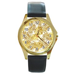 Golden Leaves Round Gold Metal Watch