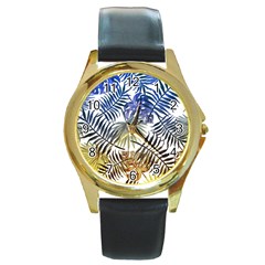 Blue And Yellow Tropical Leaves Round Gold Metal Watch