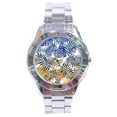 Blue And Yellow Tropical Leaves Stainless Steel Analogue Watch by goljakoff