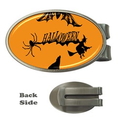 Happy Halloween Scary Funny Spooky Logo Witch On Broom Broomstick Spider Wolf Bat Black 8888 Black A Money Clips (oval)  by HalloweenParty