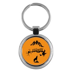 Happy Halloween Scary Funny Spooky Logo Witch On Broom Broomstick Spider Wolf Bat Black 8888 Black A Key Chain (round) by HalloweenParty