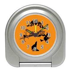 Happy Halloween Scary Funny Spooky Logo Witch On Broom Broomstick Spider Wolf Bat Black 8888 Black A Travel Alarm Clock by HalloweenParty
