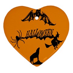 Happy Halloween Scary Funny Spooky Logo Witch On Broom Broomstick Spider Wolf Bat Black 8888 Black A Heart Ornament (two Sides) by HalloweenParty