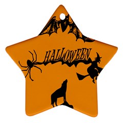 Happy Halloween Scary Funny Spooky Logo Witch On Broom Broomstick Spider Wolf Bat Black 8888 Black A Star Ornament (two Sides) by HalloweenParty