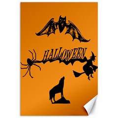 Happy Halloween Scary Funny Spooky Logo Witch On Broom Broomstick Spider Wolf Bat Black 8888 Black A Canvas 12  X 18  by HalloweenParty