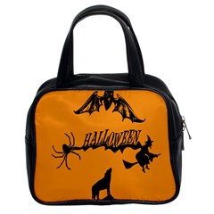 Happy Halloween Scary Funny Spooky Logo Witch On Broom Broomstick Spider Wolf Bat Black 8888 Black A Classic Handbag (two Sides)