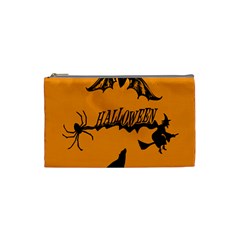 Happy Halloween Scary Funny Spooky Logo Witch On Broom Broomstick Spider Wolf Bat Black 8888 Black A Cosmetic Bag (small) by HalloweenParty