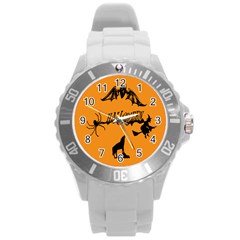 Happy Halloween Scary Funny Spooky Logo Witch On Broom Broomstick Spider Wolf Bat Black 8888 Black A Round Plastic Sport Watch (l) by HalloweenParty