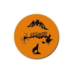 Happy Halloween Scary Funny Spooky Logo Witch On Broom Broomstick Spider Wolf Bat Black 8888 Black A Rubber Round Coaster (4 Pack)  by HalloweenParty