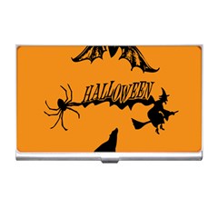 Happy Halloween Scary Funny Spooky Logo Witch On Broom Broomstick Spider Wolf Bat Black 8888 Black A Business Card Holder by HalloweenParty