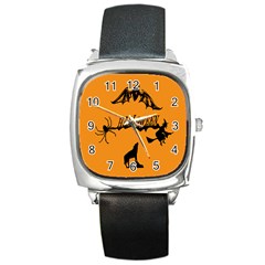Happy Halloween Scary Funny Spooky Logo Witch On Broom Broomstick Spider Wolf Bat Black 8888 Black A Square Metal Watch by HalloweenParty