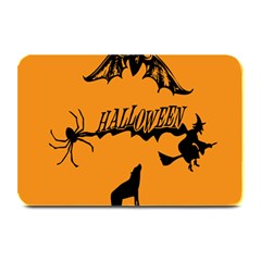 Happy Halloween Scary Funny Spooky Logo Witch On Broom Broomstick Spider Wolf Bat Black 8888 Black A Plate Mats