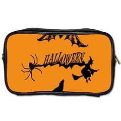 Happy Halloween Scary Funny Spooky Logo Witch On Broom Broomstick Spider Wolf Bat Black 8888 Black A Toiletries Bag (one Side) by HalloweenParty