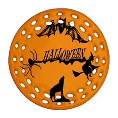 Happy Halloween Scary Funny Spooky Logo Witch On Broom Broomstick Spider Wolf Bat Black 8888 Black A Ornament (round Filigree) by HalloweenParty