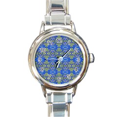 Gold And Blue Fancy Ornate Pattern Round Italian Charm Watch by dflcprintsclothing