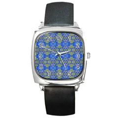 Gold And Blue Fancy Ornate Pattern Square Metal Watch by dflcprintsclothing