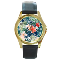 Tropical Flowers Round Gold Metal Watch by goljakoff