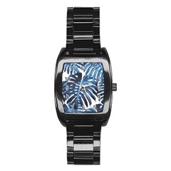 Blue Monstera Leaf Stainless Steel Barrel Watch