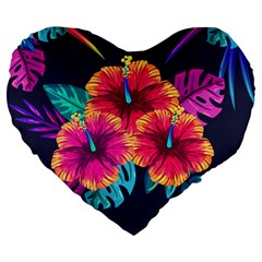 Neon Flowers Large 19  Premium Heart Shape Cushions by goljakoff