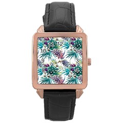 Tropical Flowers Pattern Rose Gold Leather Watch  by goljakoff