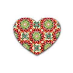 Red Green Floral Pattern Rubber Coaster (heart) 