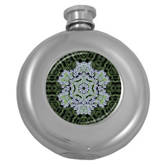 Calm In The Flower Forest Of Tranquility Ornate Mandala Round Hip Flask (5 Oz) by pepitasart