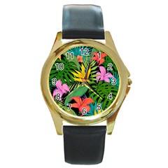 Tropical Greens Leaves Round Gold Metal Watch by Alisyart