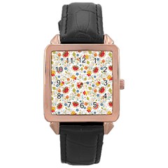 Red Yellow Flower Pattern Rose Gold Leather Watch  by designsbymallika