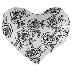 Line Art Black And White Rose Large 19  Premium Heart Shape Cushions by MintanArt