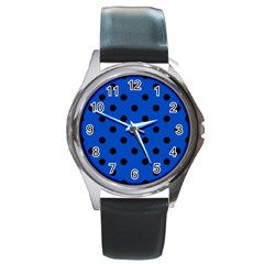 Large Black Polka Dots On Absolute Zero Blue - Round Metal Watch by FashionLane